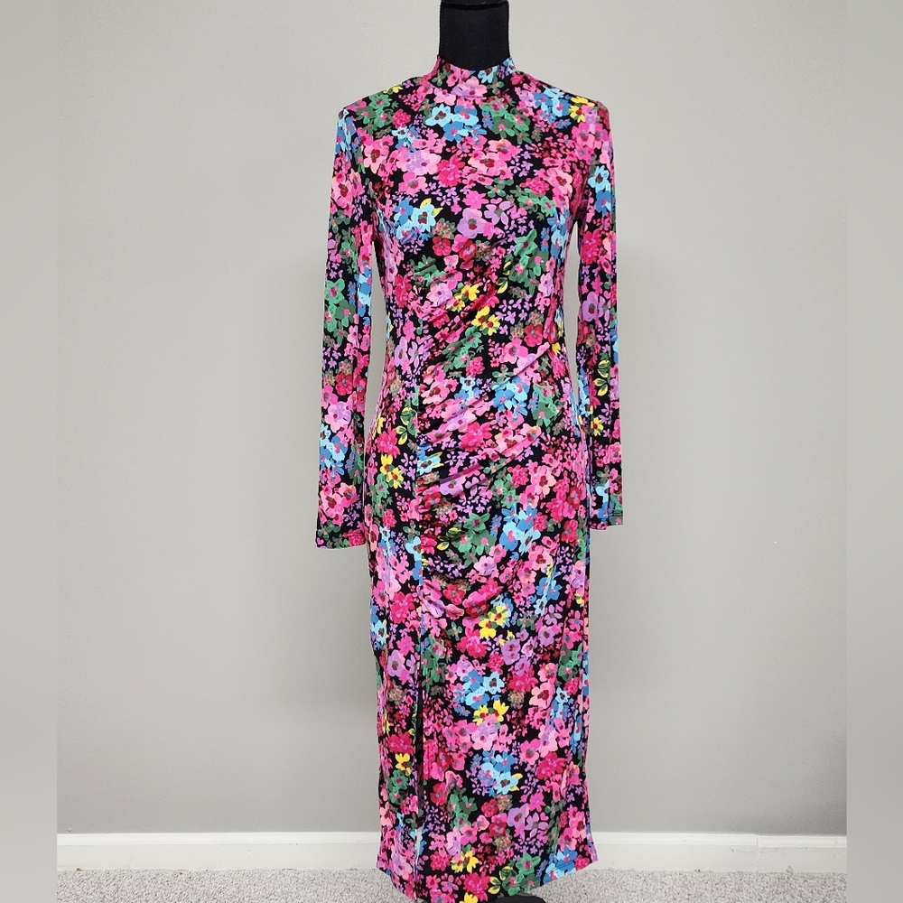 🔥NWT Future Collective  Long Sleeve Mock Neck Side Ruched Slit Midi Dress